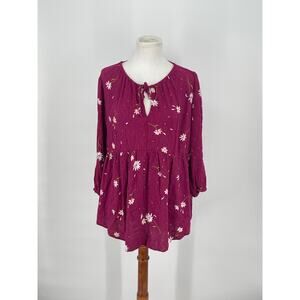 Torrid Women's Dark Magenta Daisy Print Tie Neck Babydoll Popover Blouse Size 0X